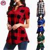 Women Casual Plaid Printed Short Sleeve V-Neck Irregular Hem Blouse T-Shirt Tops