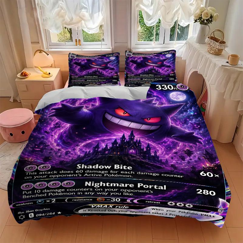 Gengar Vmax Shadow Bite Print 3Pcs Bedding Set,Duvet Cover with 2 Bedro,Pillowcase Home Birthday Gift