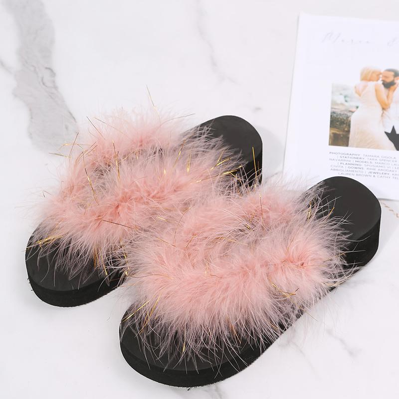 

Модные новые летние шлепанцы на платформе из искусственного меха, женские комнатные пушистые меховые шлепанцы, женские плюшевые сандалии на плоской подошве, повседневные пушистые тапочки, домашняя обувь 37 розовый