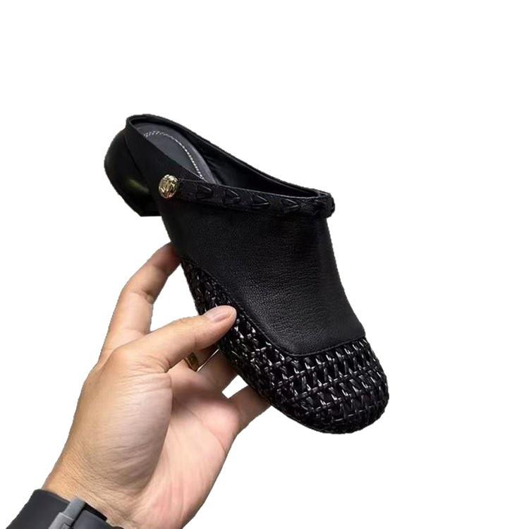 Baotou Half Slippers Women's Summer Outer Wear 2025 Summer New Thick-soled Inner Height Increase Hollow Woven One-pedal Slippers