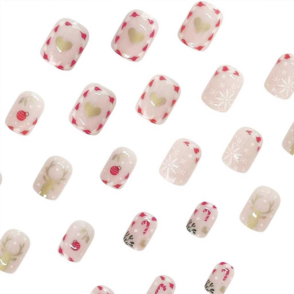 Cute Snowflake Deer Fake Nails Short Square Christmas Press On Nails with Heart Glue On Nails Glossy Winter Xmas Acrylic Stick On Nails for Women DIY