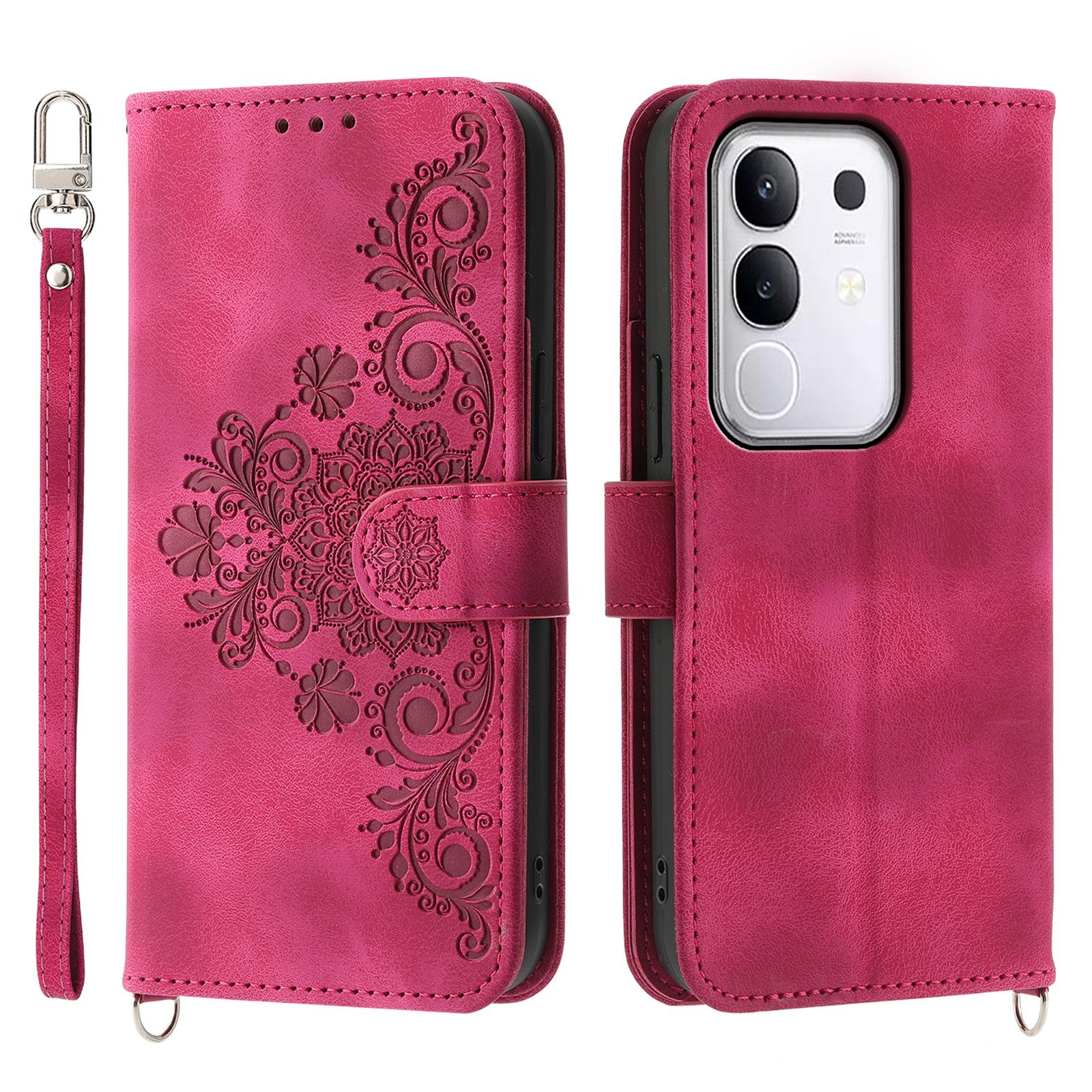 

For vivo Y29 4G Case Flower Pattern PU Leather Wallet Phone Cover with Strap A