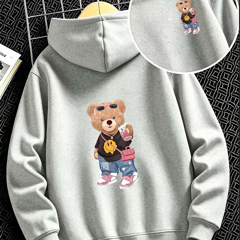 Podzimní/Zimní Vánoční Unisex Mikina, Volný Ležérní Design s Kapucí a Potiskem Kresleného Medvídka, Módní Mikina
