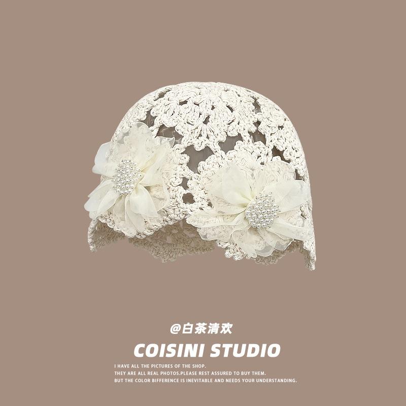 Handmade Knit Artistic Hat With Decorative Pearls And Bright Floral Patterns For Outfits Spring