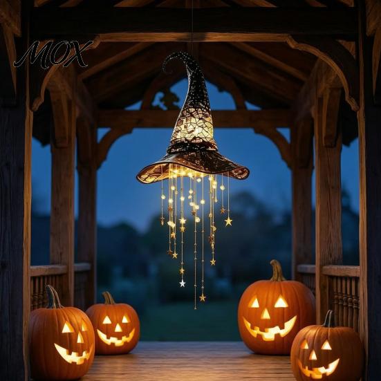 Upplyst Häxhatt för Fönster Lyst Hängande Vindspel, LED Lysande Ihåligt Prydnadsföremål med Festliga Stjärnaccent Tofsar, Häxhatt, Halloween