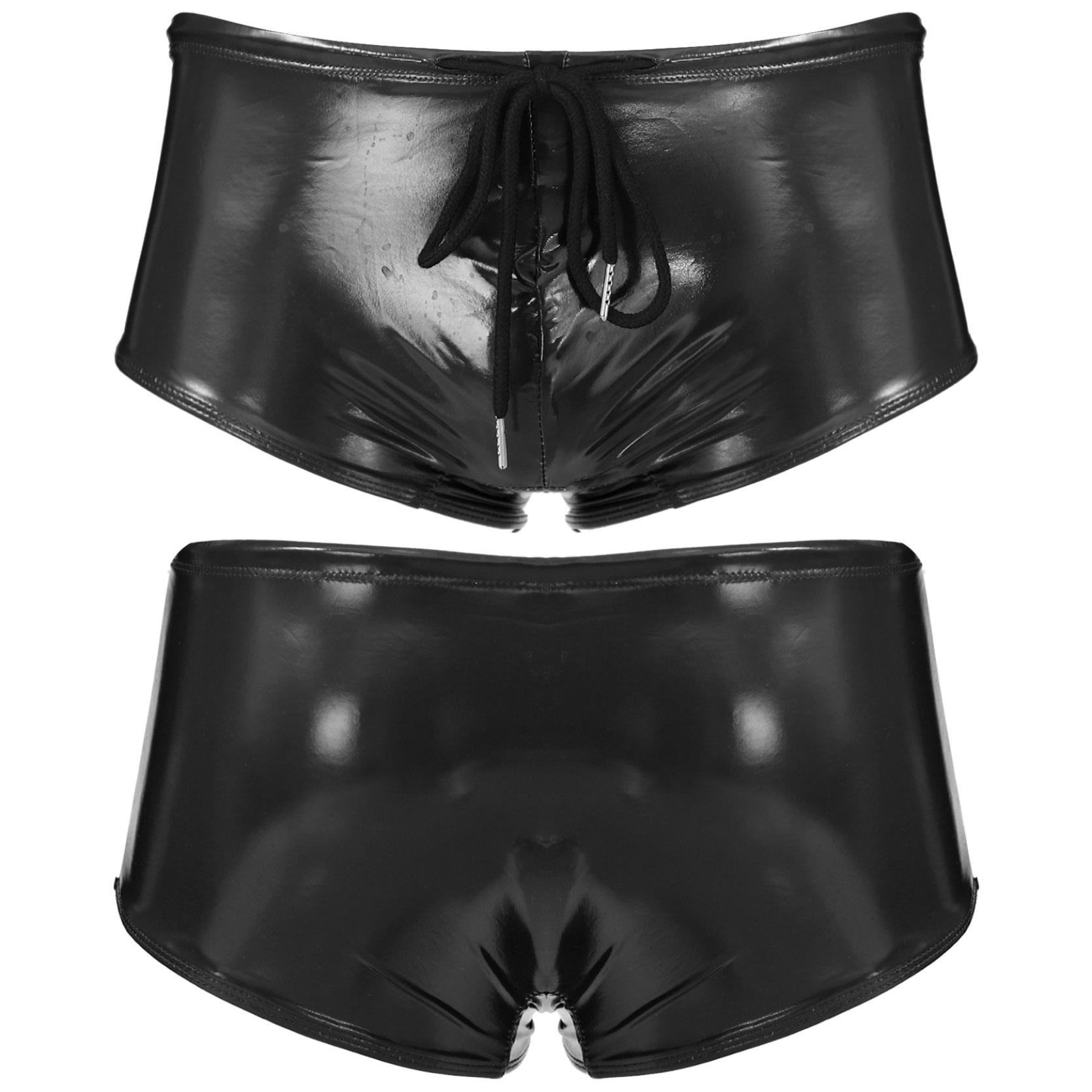 IEFiEL Heren Wet Look Patent Leather Zwembroeken Lage Taille Trekkoord Boxershorts Zwemkleding M zwart