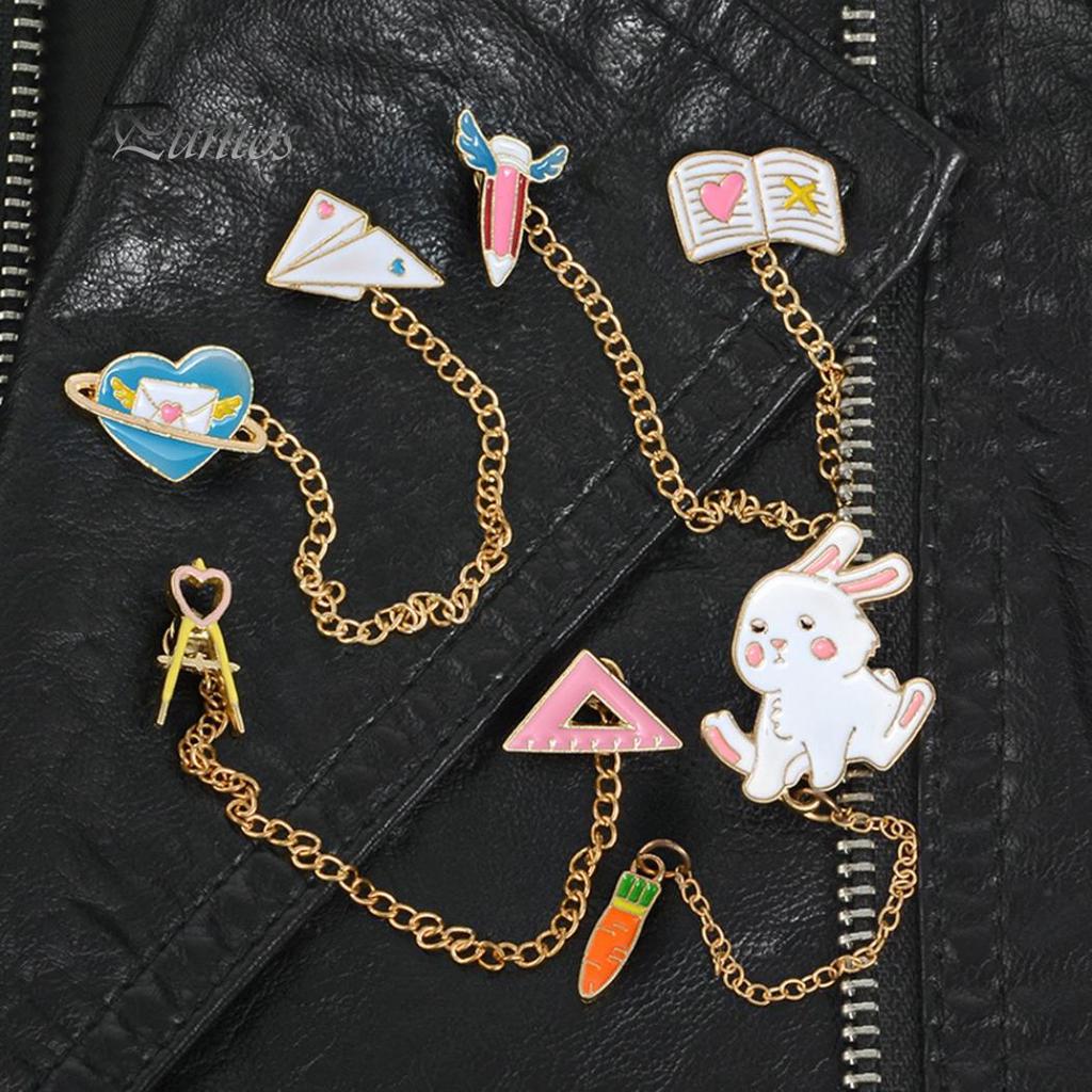 Beauty Earrings Women Cute Rabbit Carrot Heart Book Ruler Denim Jacket Collar Chain Brooch Pin