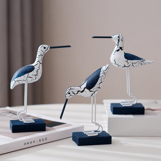 Wooden Seabird Figurine Ornament Desktop Decor with Stable Base Retro Distressed Blue White Coastal Style for Bedroom Living Room Study Gift Home