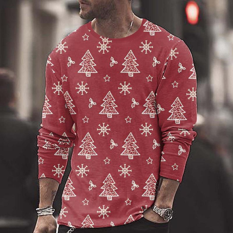 New Men's Long Sleeved Round Neck T-shirtr Autumn Winter Christmas 3D Digital Printed Christmas Tree T-shirt