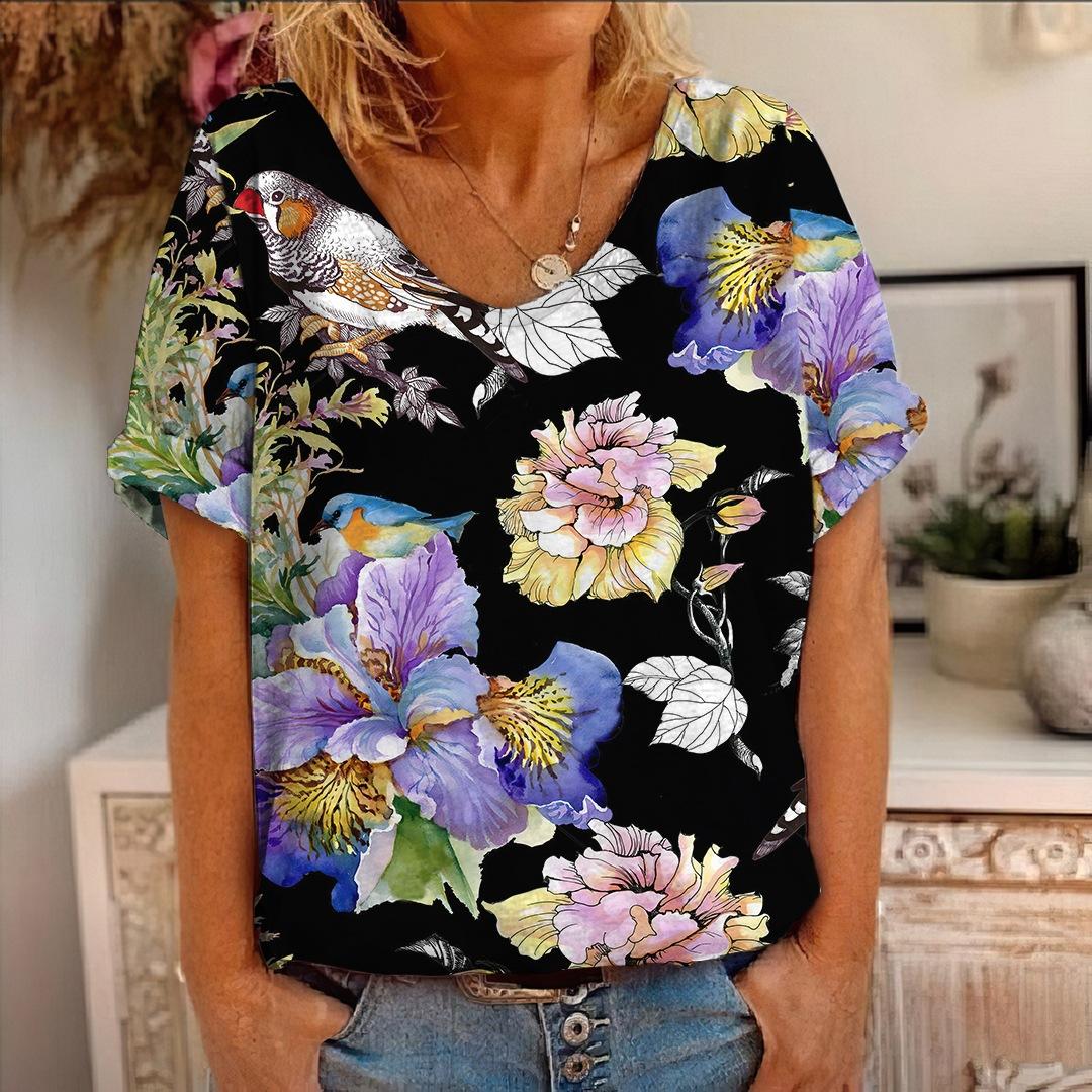 

Футболка размера 7XL Plus, летняя футболка с цветочным принтом, птицами, животными, 3D-принтом, женские футболки с цветами и V-образным вырезом, уличная одежда, женские футболки, топы Harajuku Y2k Cool Girls 5XL