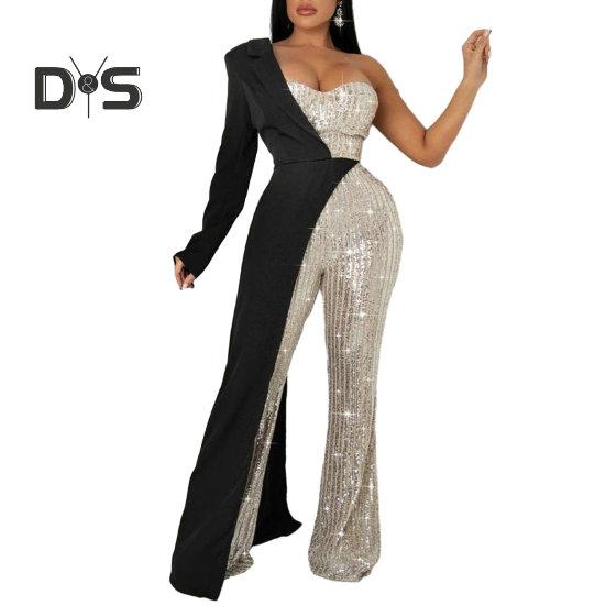 Salopetă pentru femei, cu un umăr, cu o mânecă, haină, rochie, paiete strălucitoare, asimetrică, culoare asortată cu picior lat, talie strânsă, salopetă pentru petrecere de bal