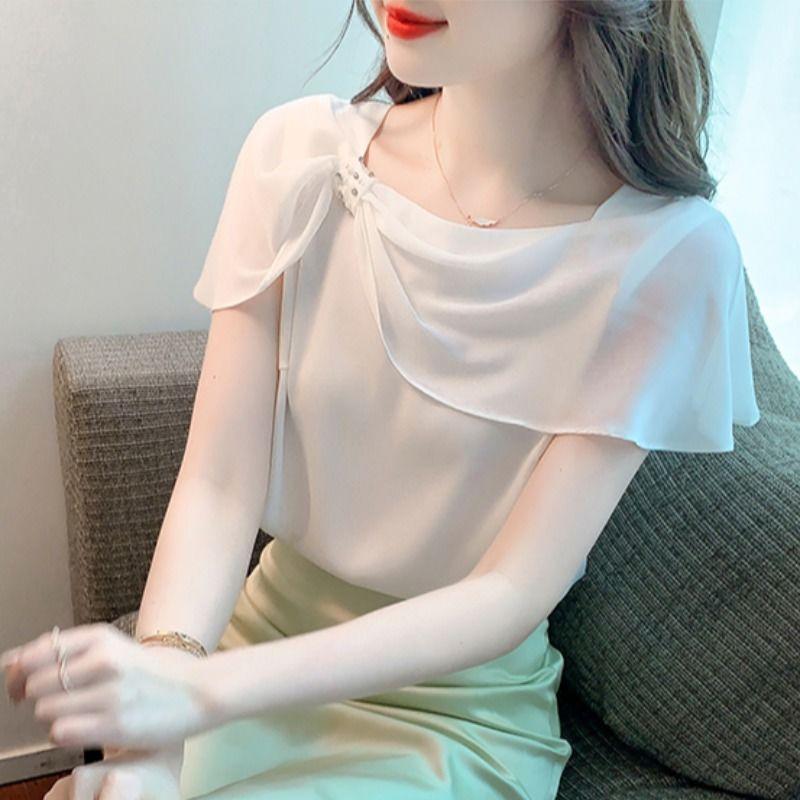 

Женская одежда Летняя мода Стразы Элегантные блузки Рюши Милые шикарные рубашки с коротким рукавом Женские повседневные однотонные сказочные топы XXL белый