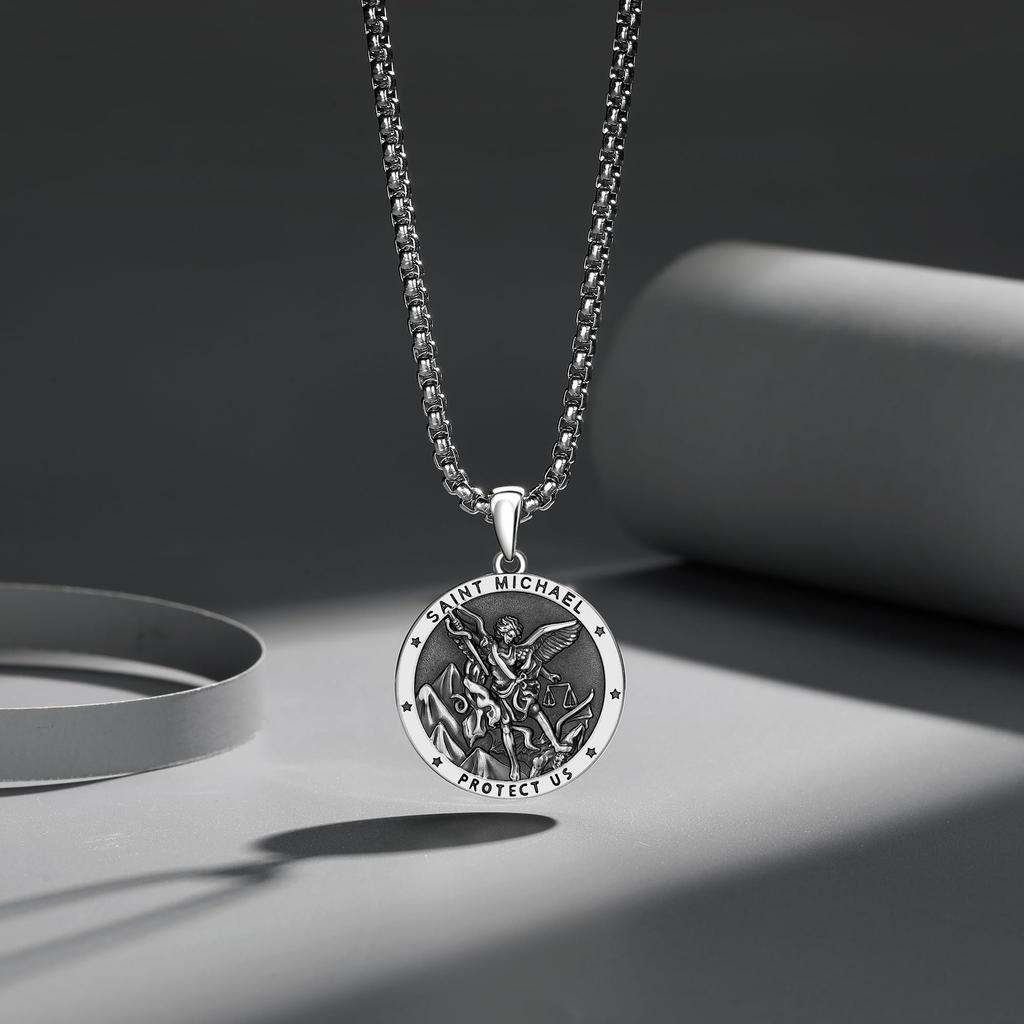 Naszyjnik Michał Szatan Archanioł Chrystus Srebrny Wisiorek Duży Medal Dwustronny Srebro Próby 925 Kościół Katolicki Łańcuszek ze Stali Nierdzewnej Amulet Urodziny
