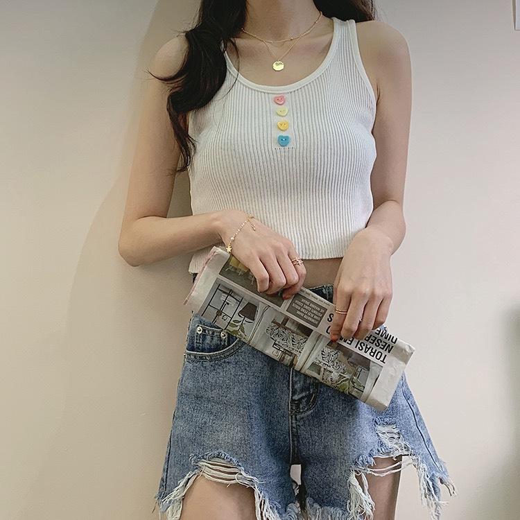 Neuer Koreanischer Stil Koreanischer Stil Süßes Mädchen Trägerweste Liebesknopf Gestrickt Kurz Bäuchleinfreies Top