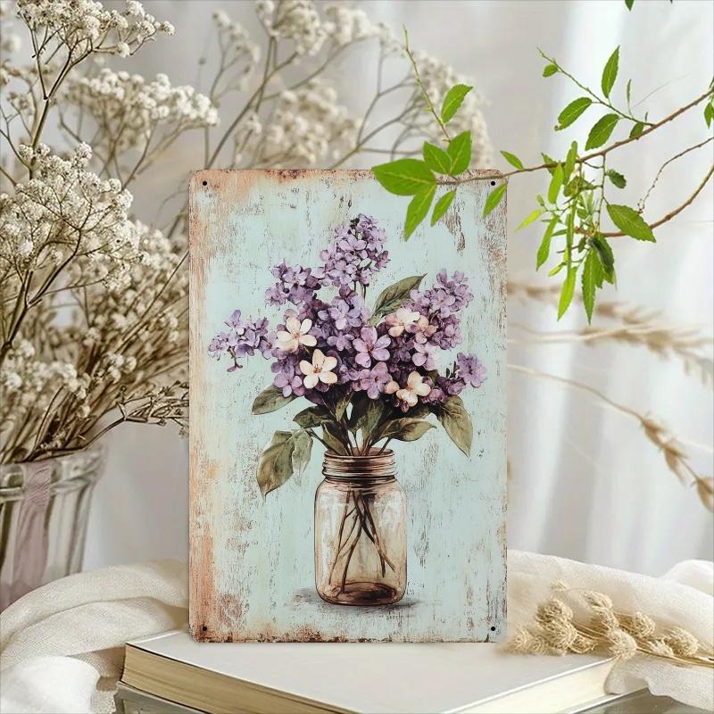 Room Decor 1pc Vintage Floral Iron Sign, Rustic Lilac and Daisy in Mason Jar Art, 8x12 Inch Wall Decor for Bedroom, Dining Room,
