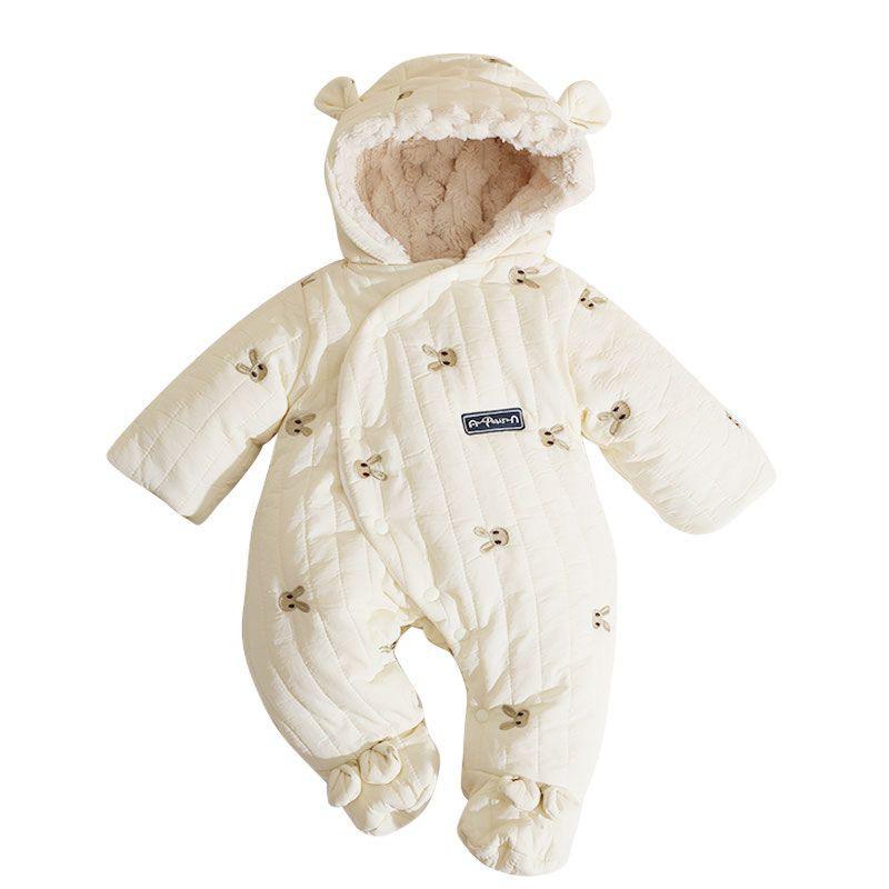 Cozy Cotton Padded Baby Suit: Rabbit Romper & Fleece Set for Autumn/Winter Outings with Footed Wrap
