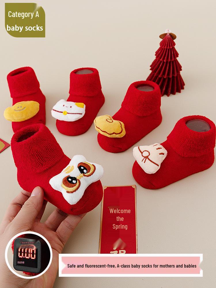 Newborn Toddler Red Terry Cloth Anti-slip Socks - Thick, Warm & Cozy for Autumn/Winter