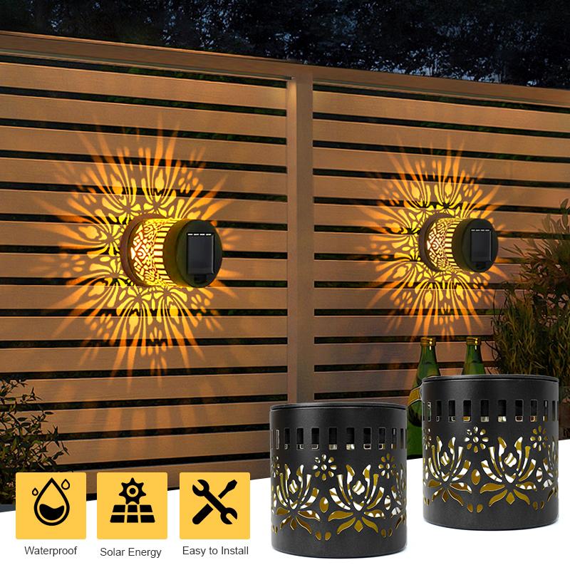2Pcs Solar Fence Lights Metal Solar Powered Outdoor Wall Deck Step Lights Mandala Theme Waterproof Fence Light for Garden Decor