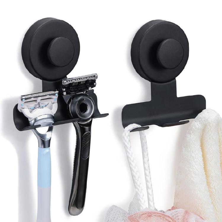 Stainless Steel Shower Shelf With Multi Hook Designs Space Saving Suction Cup Razors and Shaver Holder