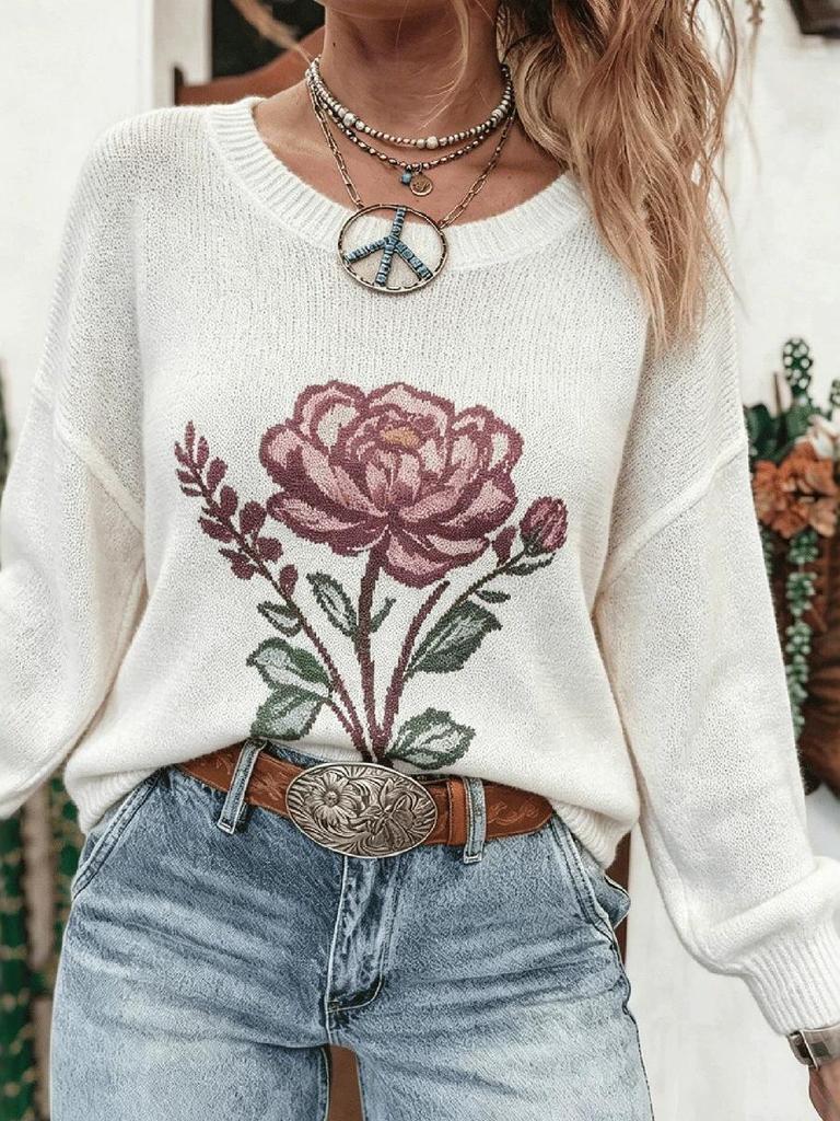Women's Autumn Floral Knit Pullover - European & American Style