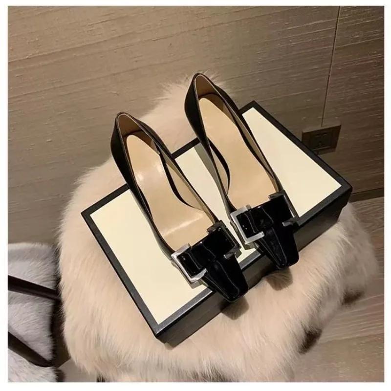 Fashion Metal Buckle Thin Heel Single Shoes Autumn New Square Toe Shallow Mouth Slip-on Kitten Heel Shoes