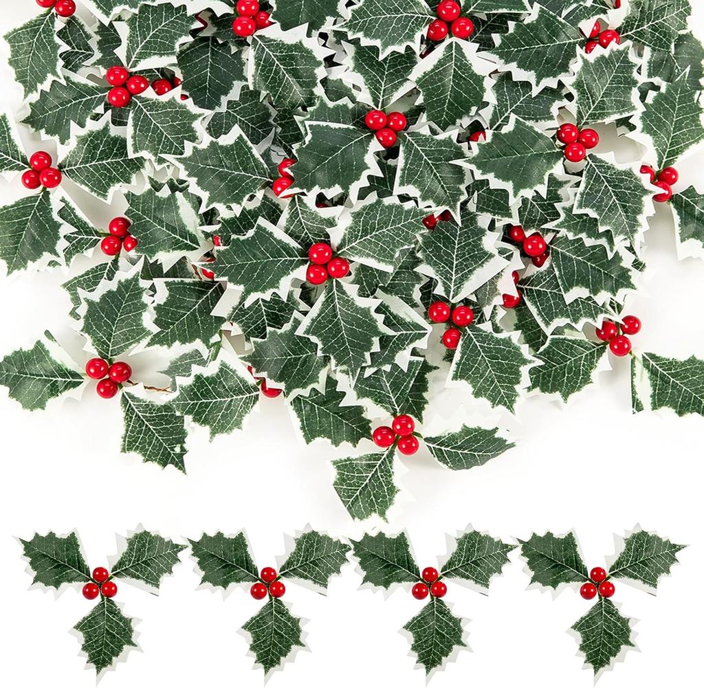 20/5Pcs Artificial Holly Berries With Green Leaves DIY Christmas Wreath Wedding Flower Gifts Xmas New Year Festival Decorations