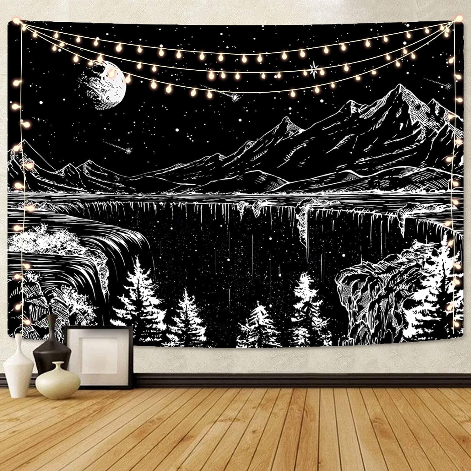Simpkeely Black and White Tapestry Starry Night Tapestry Mountain Moon Stars Wall Hanging Tapestries for Bedroom Living Room - 150cm x 200cm 100X70CM