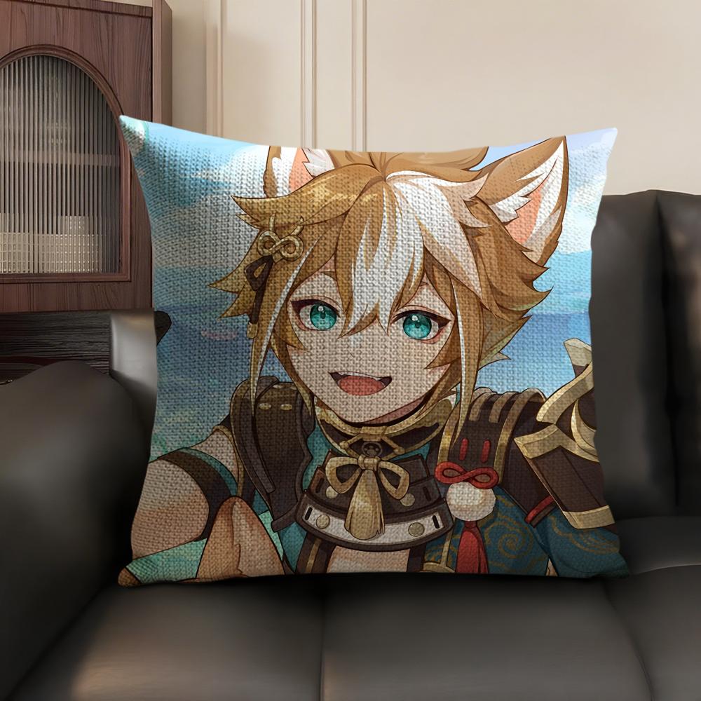 Gorou Genshin Impact Cute Cushion Cover Natural Linen Organic Fabric Double-Sided Printing Sofa Home Decor Gift Pillow Case