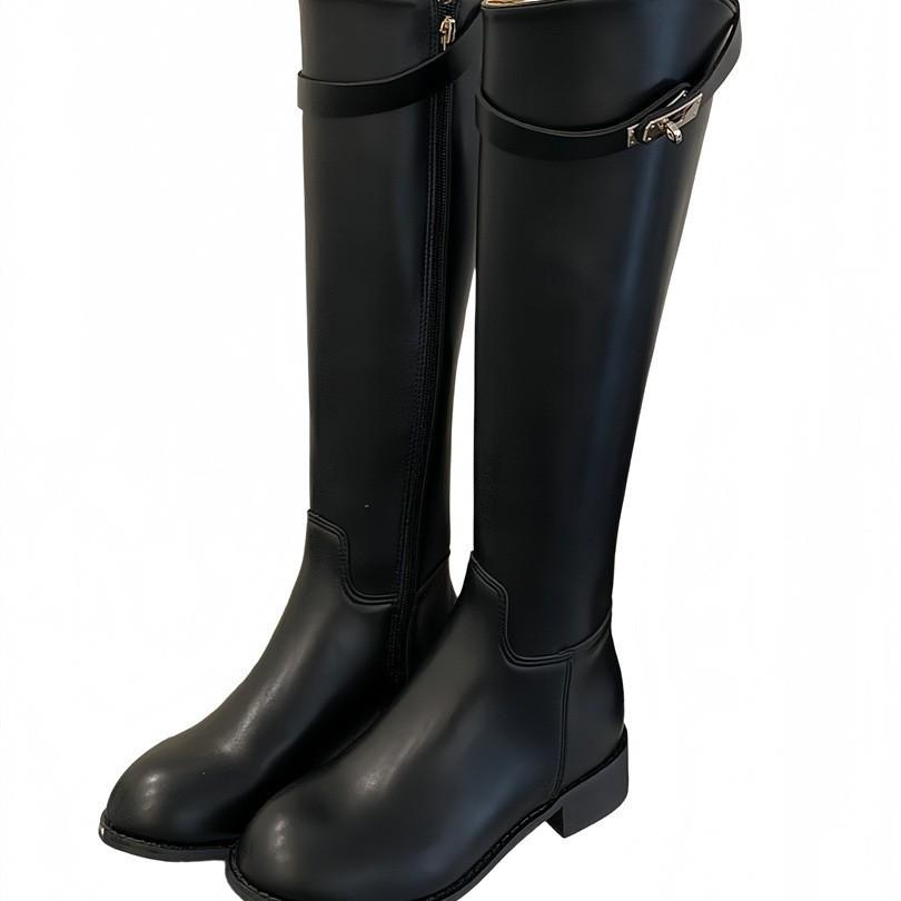 Silver buckle knight boots women's straight boots autumn and winter new solid color round head mid-heel sleeves knee-high boots