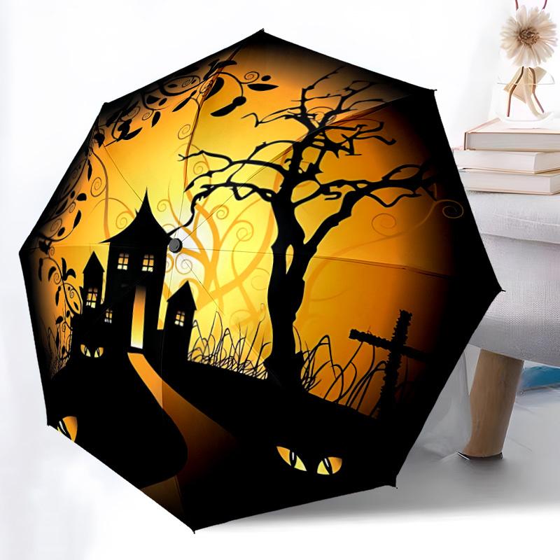 1pc Haunted House Halloween Automatic Folding Umbrella, Lightweight Retractable Compact Travel Umbrella, 8-Rib Sturdy Frame076