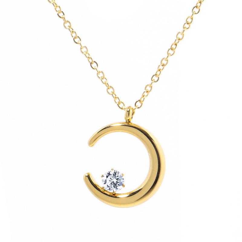 316L Stainless Steel Simplicity Moon Zircon Pendant Clavicle Chain Ladies Necklace Fashion Exquisite