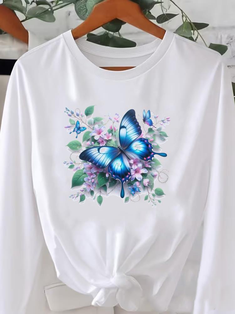 (Asian Size) Women o-neck Print T Shirt Casual butterfly cute Clothing Graphic Tee autumn winter spring Fashion Top Long Sleeve T-shirts