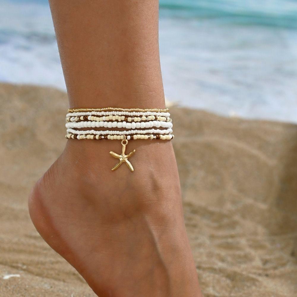 6pcs Stretch Beach Rice Beads Elastic Anklet Multilayer Anklet Set New Beach Jewelry