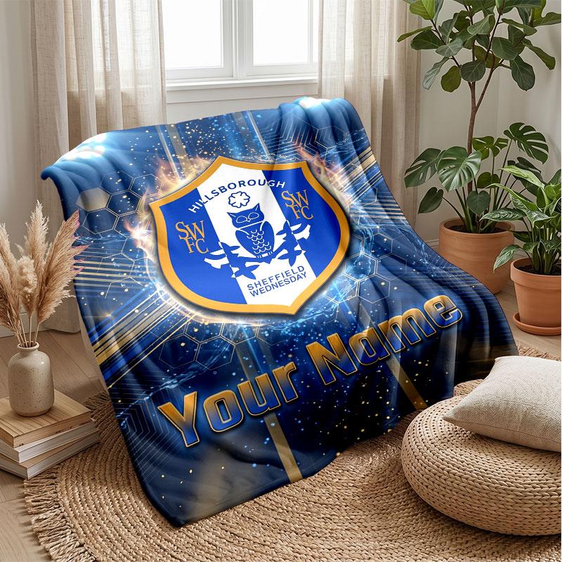 Sheffield Wednesday FC Custom Name Text Flannel Blanket Soccer Logo Personalized Fleece Throw Blanket Special Gift For Sofa Bedroom Home