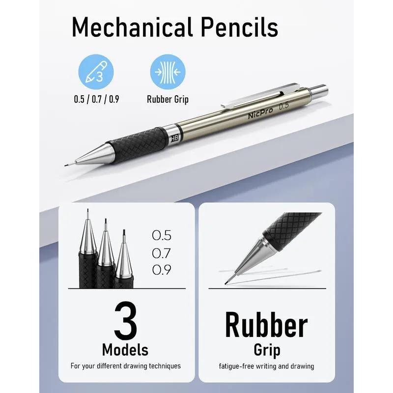 Sada 6 ks uměleckých mechanických tužek 3 ks kovová rýsovací tužka 0,5 mm 0,7 mm 0,9 mm 3 ks držák grafitových tuh 2 mm 2