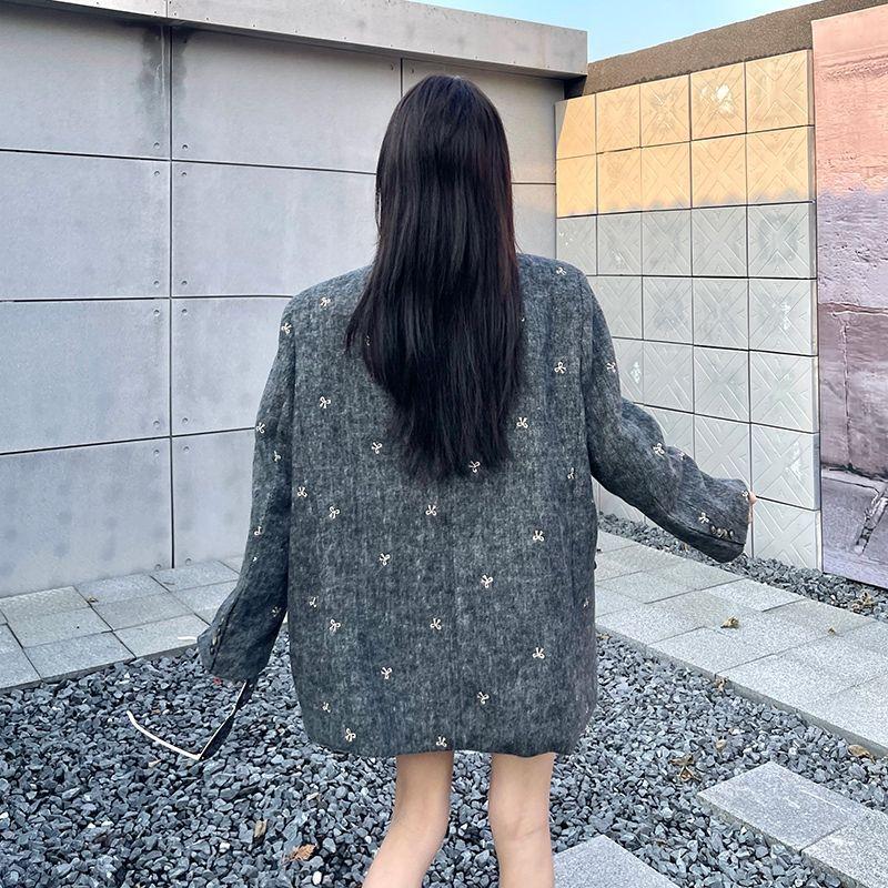 Women Bow Embroidery Tweed Suit Jacket Autumn Winter Thickened Shoulder Pad Wool Blazer Unique Design