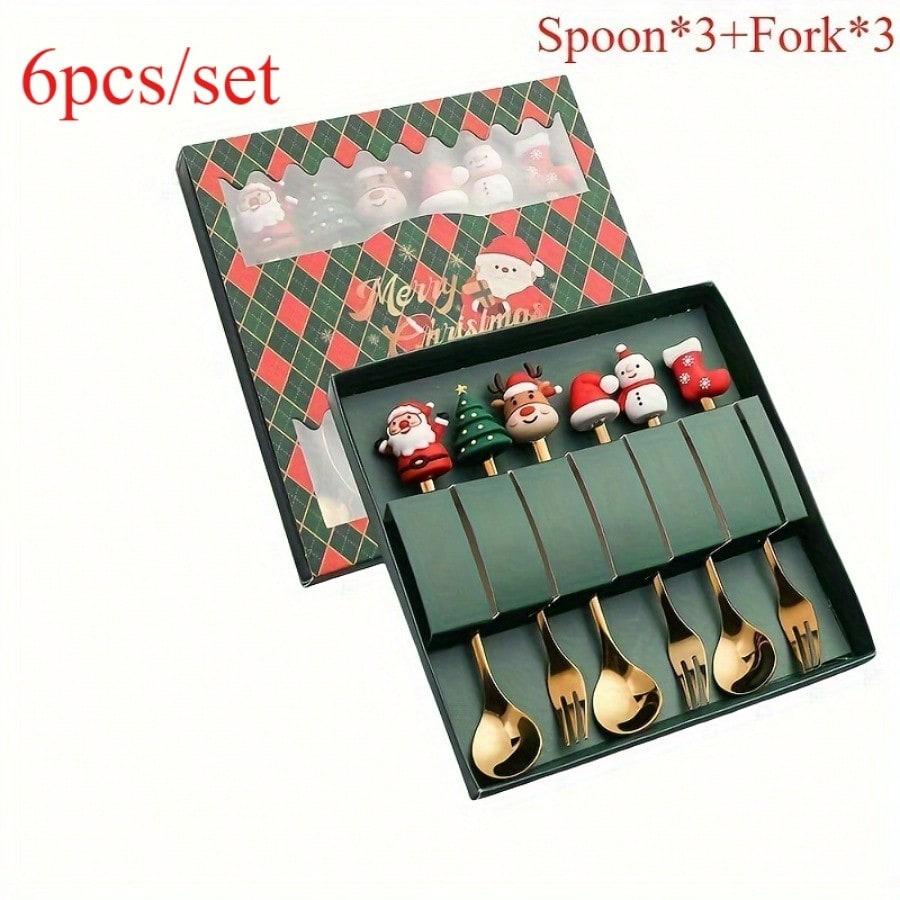 A set of Christmas stainless steel tableware, spoons and forks - can be put in the dishwasher, holiday gift set with gift box