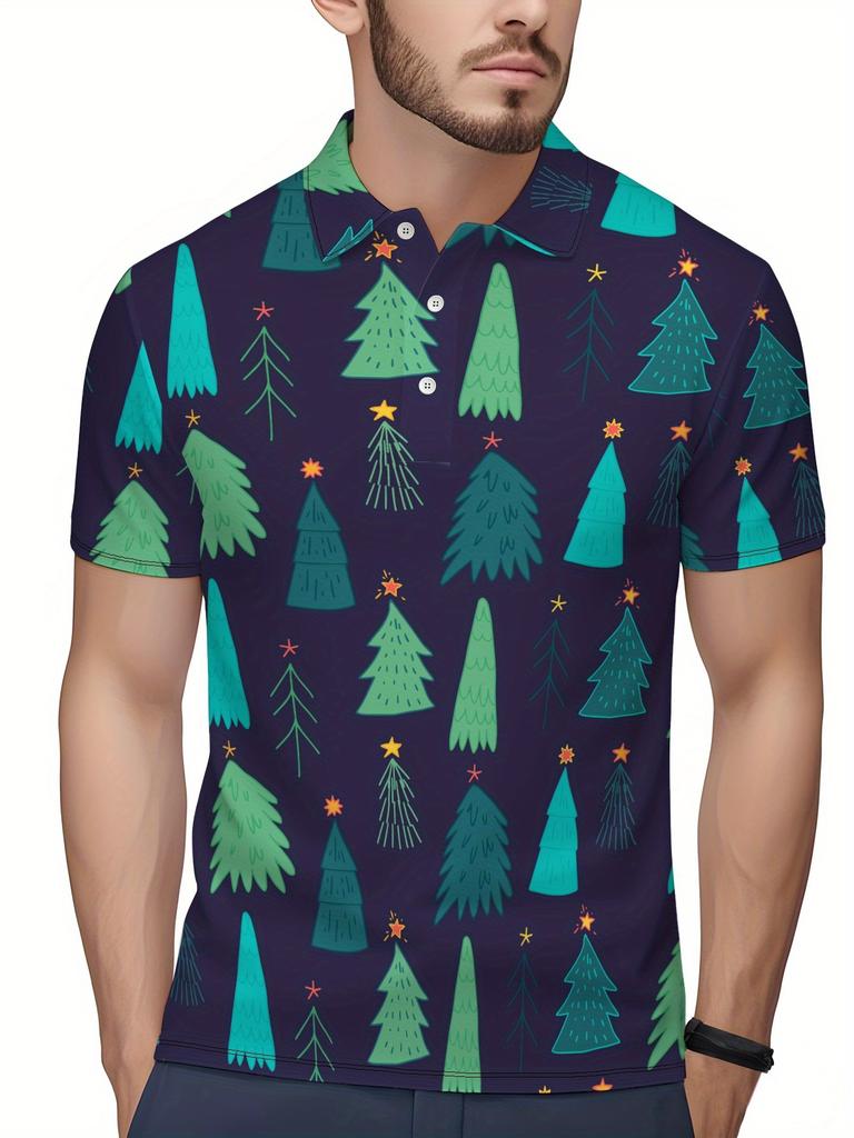 Nadruk świąteczny - Męska koszulka polo z krótkim rękawem - Stylowa i łatwa, z krótkim rękawem, zapinana na guziki, z kołnierzykiem casual, modna i wszechstronna,