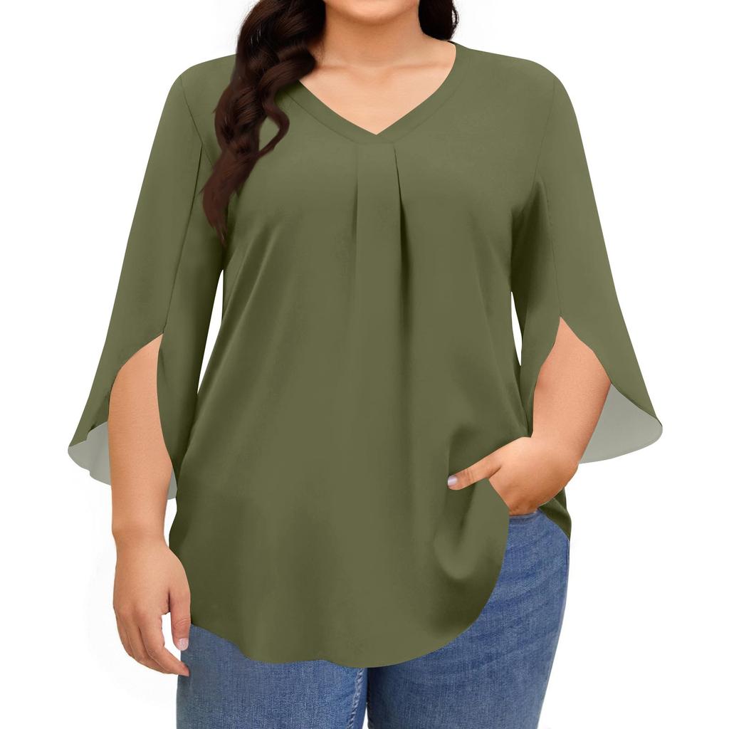 Women's Solid Color V-neck Plus Size Tops 3/4 Sleeves Elegant Shirt Tops
