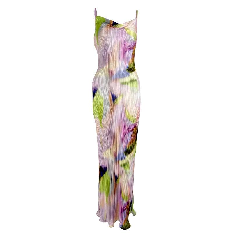 Russian Burst Print Pleated Slim-fitting Suspender Dress S