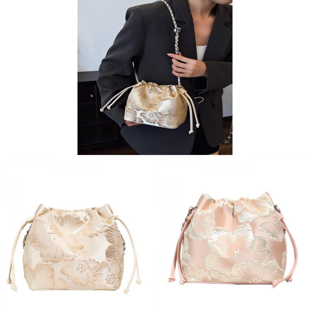 Style Embroidered Bucket Bag With Silk Material For Casual Travel And Daily Use