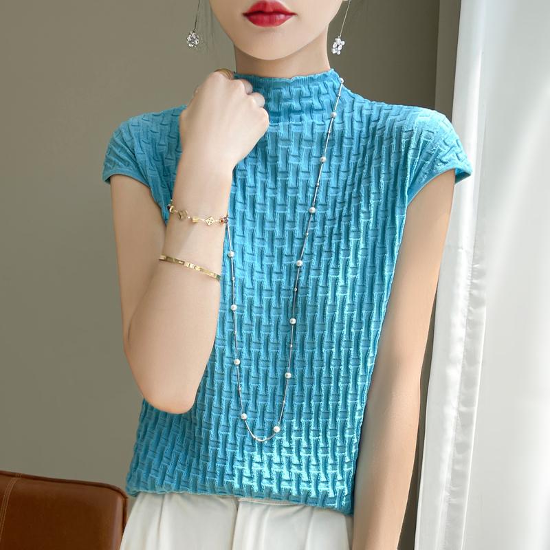 Women T-shirt Tank Summer Knitted T-shirt Short Sleeve Tees Basic Tees Knit Top Pullover Turtleneck Female
