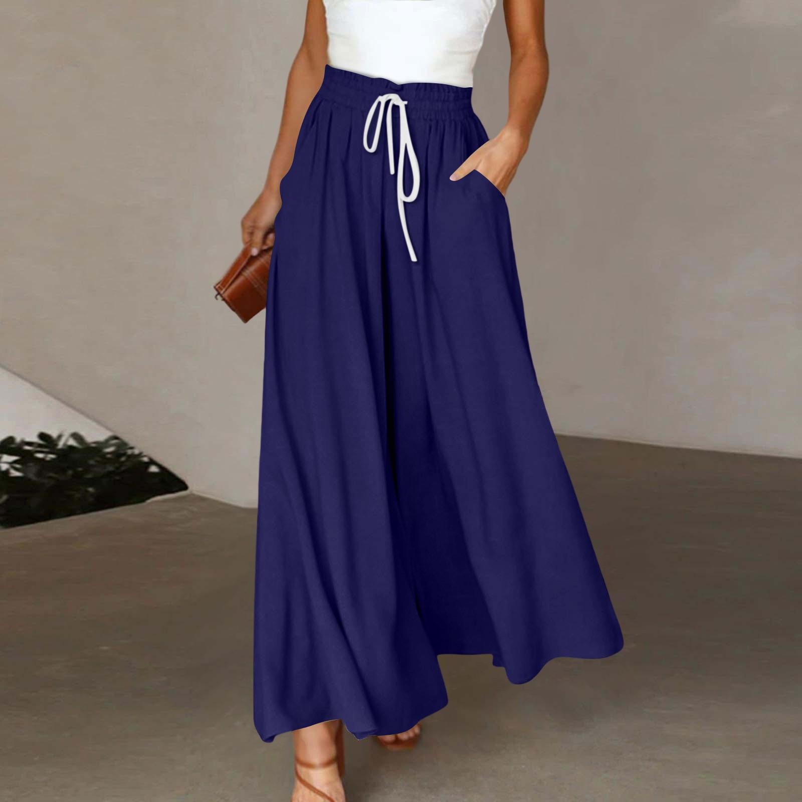 

Женские широкие брюки с высокой талией, летние повседневные свободные брюки с карманами, пляжные брюки с принтом XXL тёмно-синий