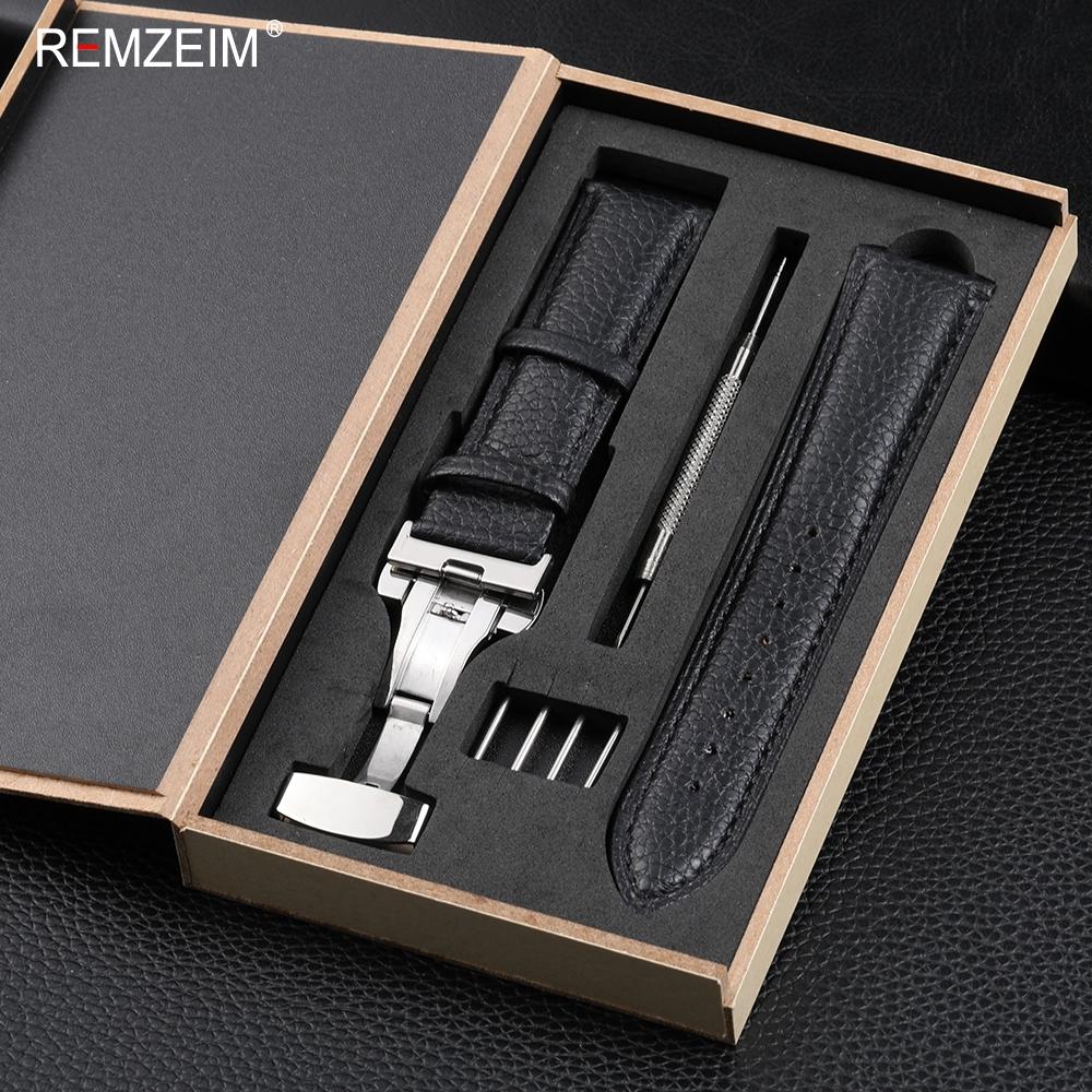 

Litchi Pattern Design Leather Wrist Band 18mm 20mm 22mm Men Women Strap with Butterfly Buckle Gift Box Packaging Watchband 18mm чёрный