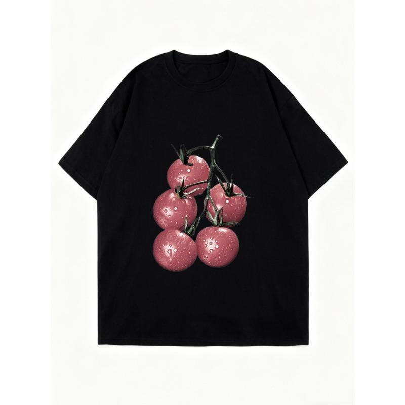 Oversized T Shirt Black Cherry Print Casual Wear for Women Summer Outfit Fashion Statement Loose Fit Top Streetwear Style