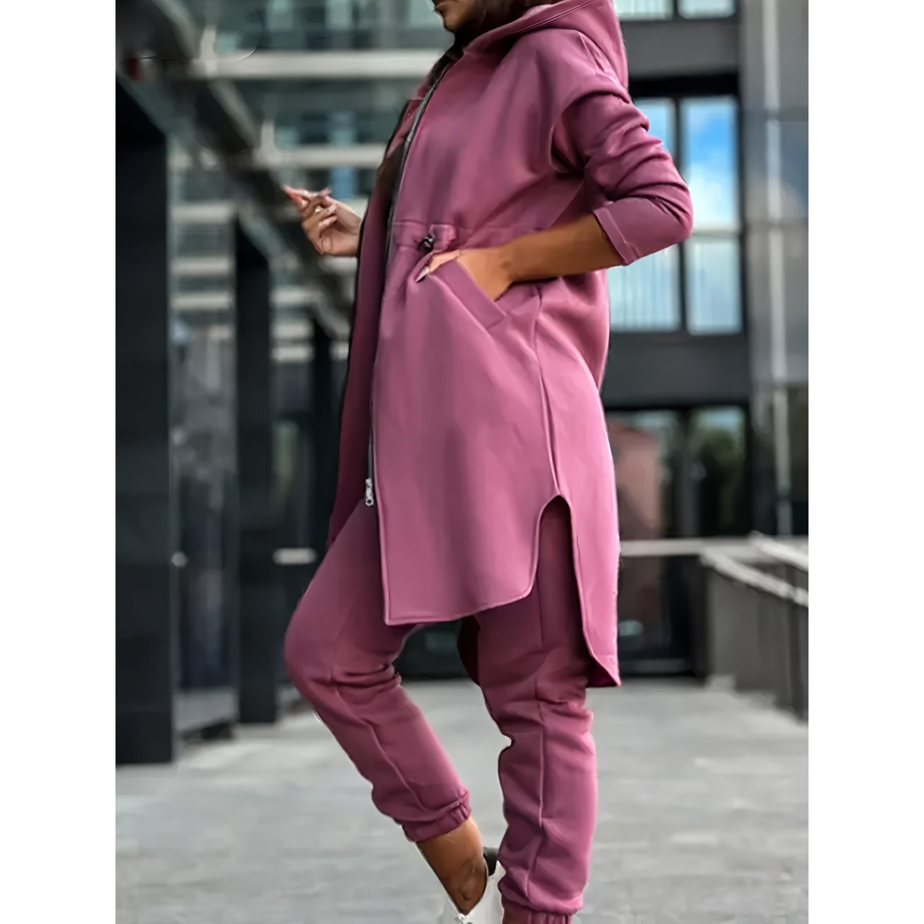 

Осенне-зимняя мода: удлиненное пальто с капюшоном на молнии и повседневные брюки с манжетами, комплект из двух предметов для женщин, спортивные штаны XXL розы красного