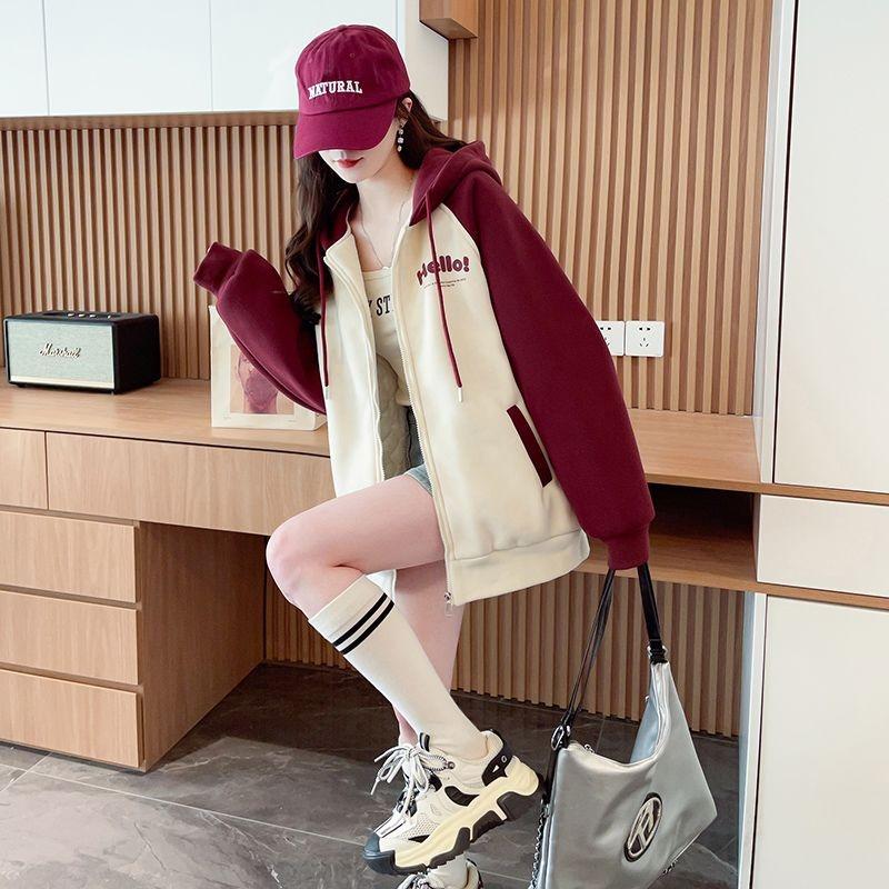 American Style Jacket for Women Autumn Outer Wear Design Contrasting Color Splicing Hooded Sweatshirt Zippered Cardigan