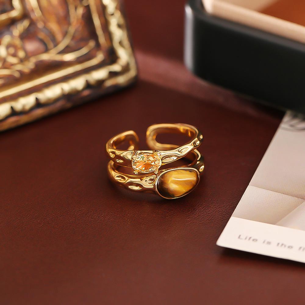 24K Gold-Plated Tiger Eye Adjustable Open Ring - Exquisite, High-End Fashion