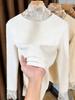 Women's Brushed Lace Base Layer Top: High Neck, Long Sleeve, Ruffled Collar, Slim Fit - Autumn/Winter Arrival