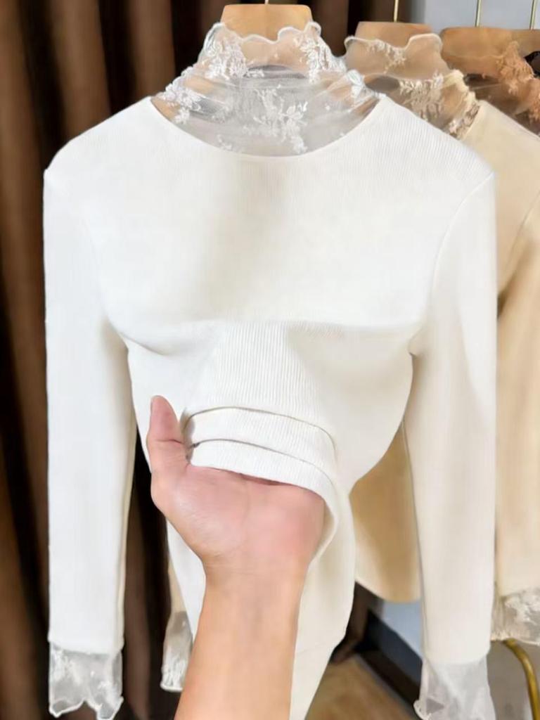 Women's Brushed Lace Base Layer Top: High Neck, Long Sleeve, Ruffled Collar, Slim Fit - Autumn/Winter Arrival